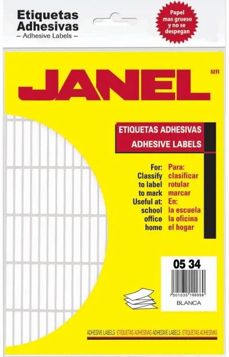 Etiqueta Adhesiva Clásica c/2760 20 hojas Blanco #21 5×34mm Janel® 1000534100 2760 Bolsa 75010351005