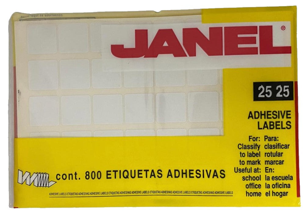Etiqueta Adhesiva Clásica c/800 20 hojas Blanco #05 25×25 Janel® 1002525100 800 Bolsa 7501035100695