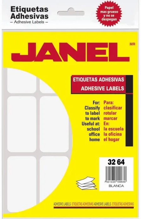 Etiqueta Adhesiva Clásica c/240 20 hojas Blanco #24 32×64 Janel® 1003264100 240 Bolsa 7501035100640
