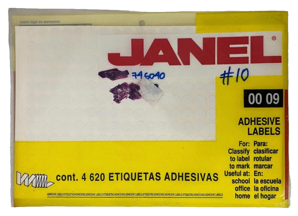 Etiqueta Adhesiva Clásica c/4620 20 hojas Blanco #10 Ø 9mm Janel® 1000009100 4620 Bolsa 750103510073
