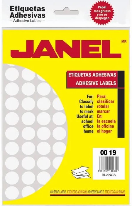 Etiqueta Adhesiva Clásica c/1260 20 hojas Blanco #28 Ø 19mm Janel® 1000019100 1260 Bolsa 75010351008