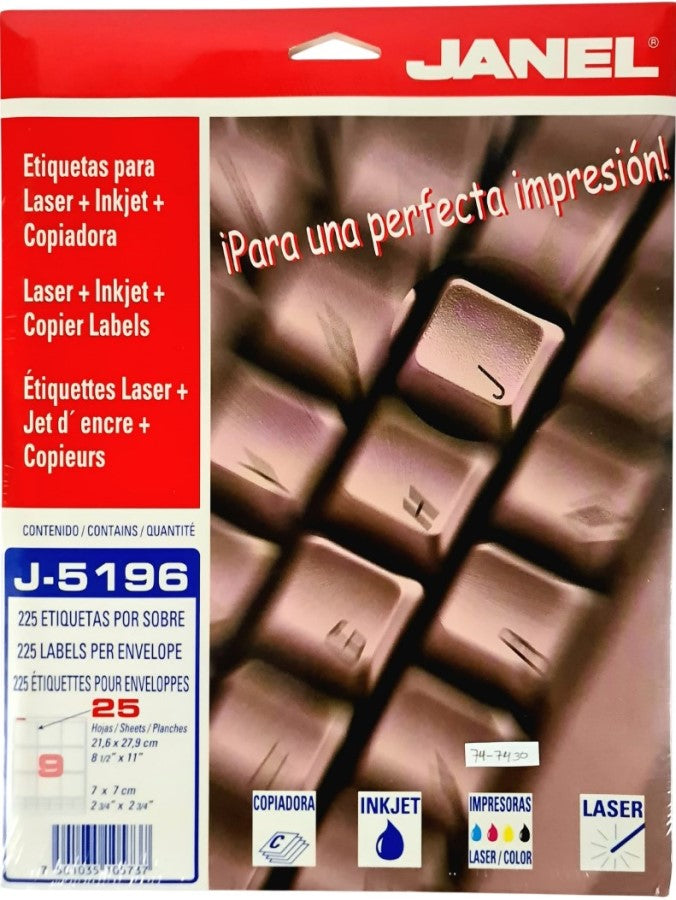Etiqueta p/Impresora c/225 9 × Hoja Diskets 25hjs Blanco 2¾×2¾" Janel® J-5196 Sobre 7501035105737 01
