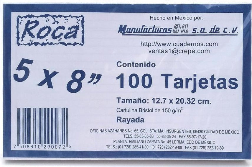 Tarjeta Índice Rayada c/100 Raya 5×8" 8-A® BR58 Paquete 7508310290072