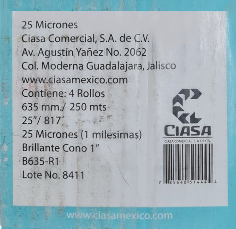 Película p/Laminar 25 Micrones 4 Rollos BOPP N/1" Brillante 635mm×250m Ciasa® B635-R1 Paquete 785640