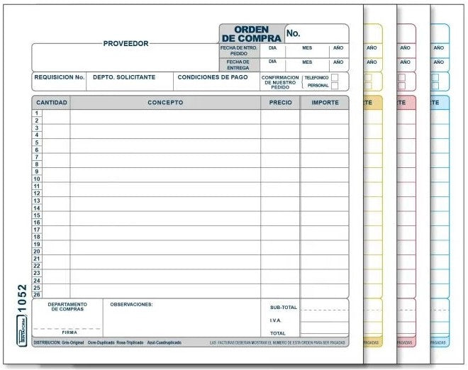 Block Auxiliar Orden de Compra 4 tantos 25 Juegos ½ Oficio Printaform® B-1052 Pieza