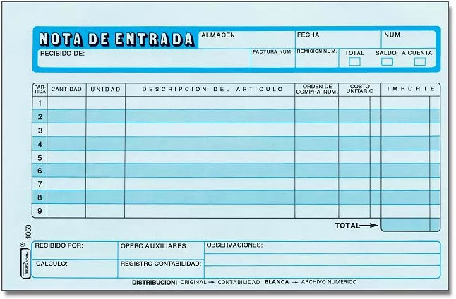 Block Auxiliar Nota de Entrada origi.y copia E 25 Juegos ½ Carta Printaform® B-1053 Pieza