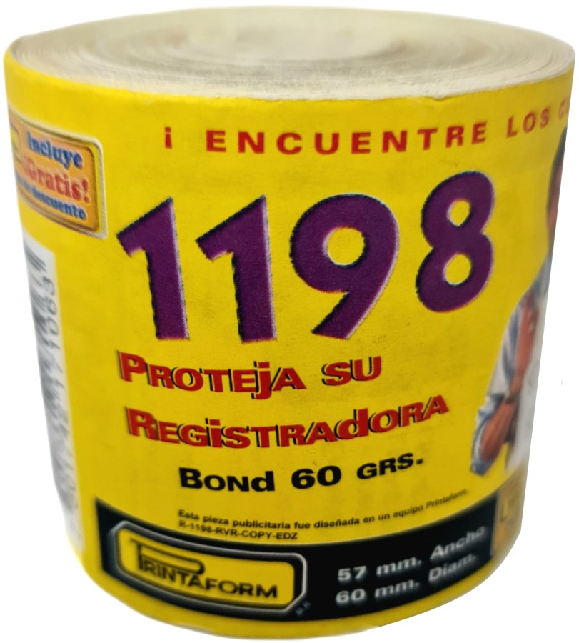 Rollo p/Sumadora c/Copia Autocopia 2 Tantos 57mm×15m Printaform® 1198 [Rollo] 7501742171063