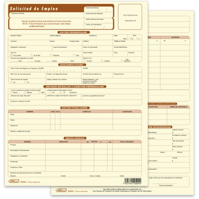 Block Solicitud de Empleo 25 hojas x bloc Carta Printaform® B-2002 [Pieza] 7501742105044