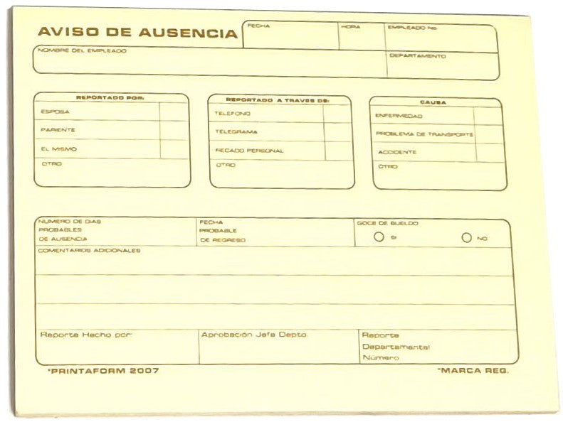 Block Auxiliar Aviso de Ausencia 25 Juegos ¼ Carta Printaform® B-2007 [Pieza]