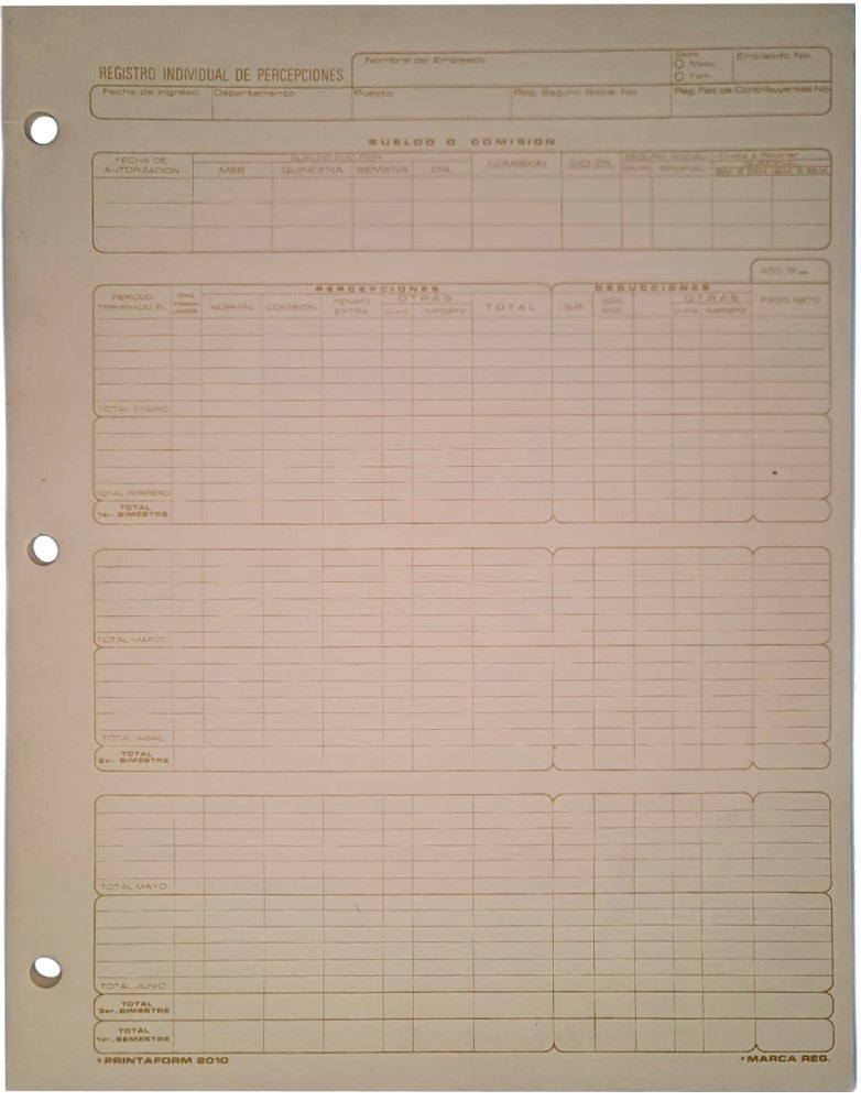Block Auxiliar Registro Individual de Percepción 25 hojas Carta Printaform® B-2010 [Pieza]