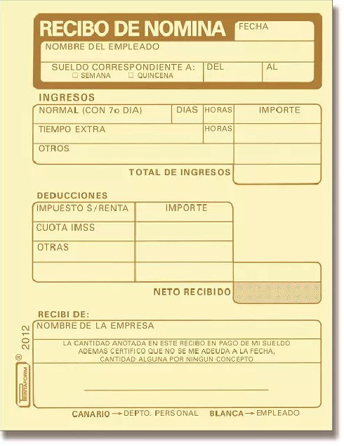 Block Recibos de Nomina N 25 Juegos ¼ Carta Printaform® B-2012 Pieza