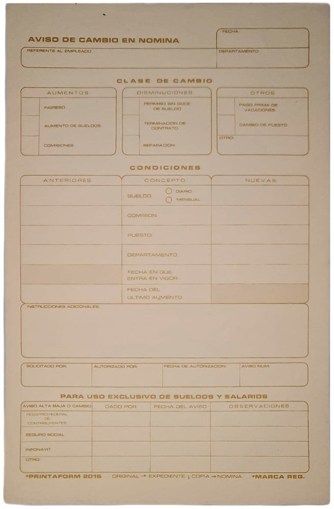 Block Auxiliar Aviso Cambio de Nomina 25 Juegos ½ Carta Printaform® B-2016 [Pieza]