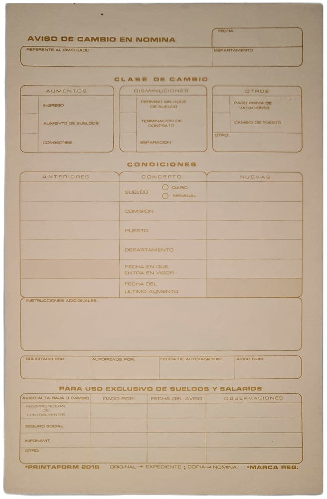 Block Auxiliar Aviso Cambio de Nomina 25 Juegos ½ Carta Printaform® B-2016 Pieza