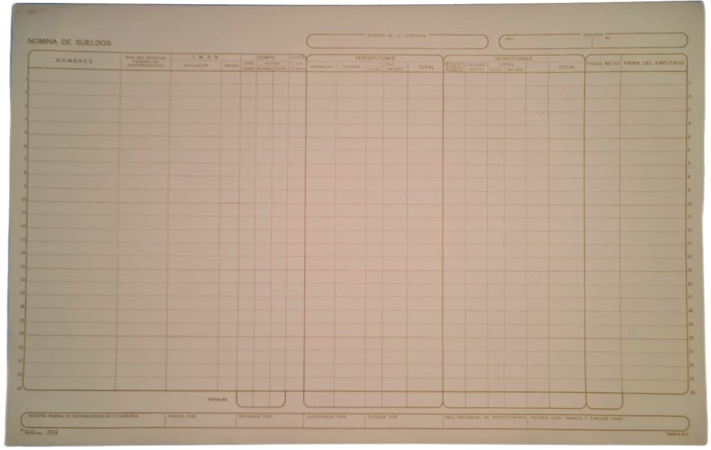 Block Nomina de Sueldos 25 hojas DobleCarta Printaform® B-2019 Pieza