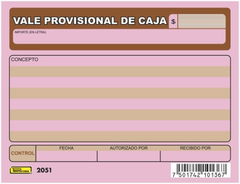 Block Vale Provisional de Caja 50 hojas ¼ Carta Printaform® B-2051 [Pieza] 7501742101367