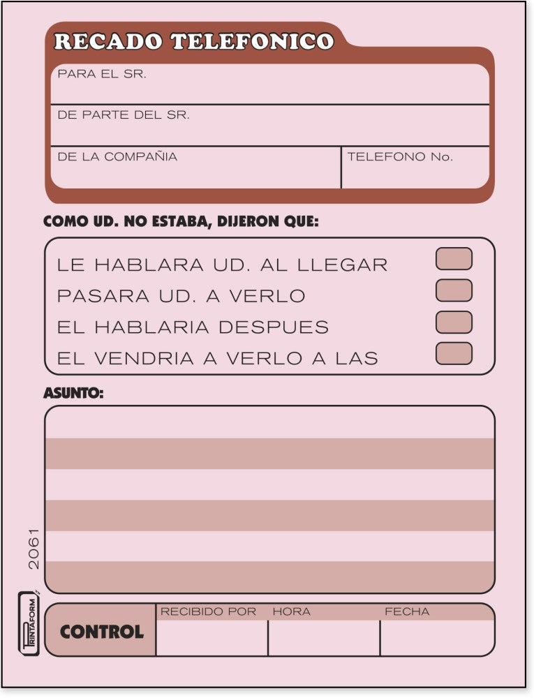 Block Recados Recados Telefónicos 50 hojas ¼ Carta Printaform® B-2061 [Pieza] 7501742102036