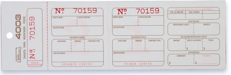 Tarjeta Inventario Fisico pack c/500 23.6×7.4cm Printaform® 4003 Pieza 7501742103392