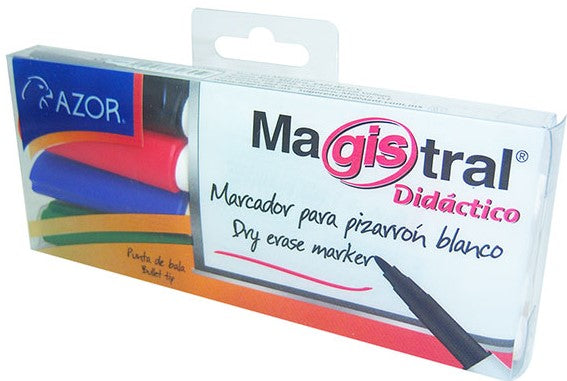 Marcador p/Pizarrón Magistral Didáctico Fino Colores Est.c/4 AZOR® 84074 [Estuche] 7501428706459