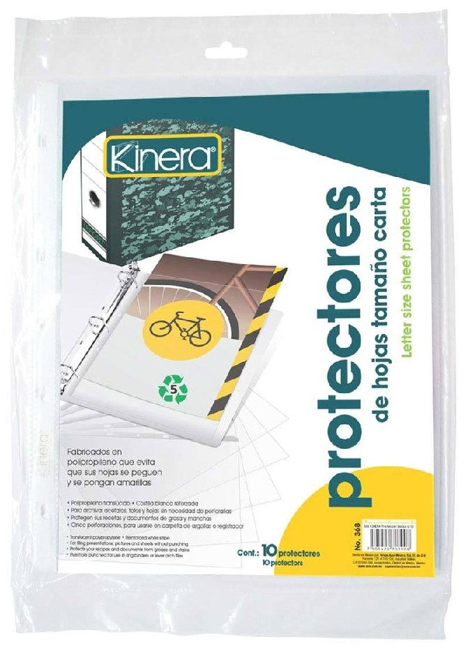 Mica Protectora p/carpeta 3 perforaciones c/10 Translúcido Carta Kinera® 368 [Bolsa] 7501428703908
