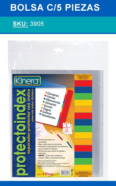 Separador Hojas p/Carpeta Protecto c/Indice c/5 Translúcido Carta Kinera® 3905 [Bolsa de plástico] 7501428705766