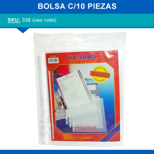Mica Protectora p/carpeta 3 perforaciones Uso Rudo c/10 Cristal Carta Guarda® 338 [Bolsa] 7501428705001 Imagen principal del producto