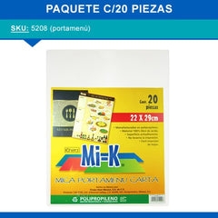 Mica Protectora Mi-K PortaMenú 22×29cm c/20 Cristal Carta Kinera® 5208 [Bolsa] 7501428720226