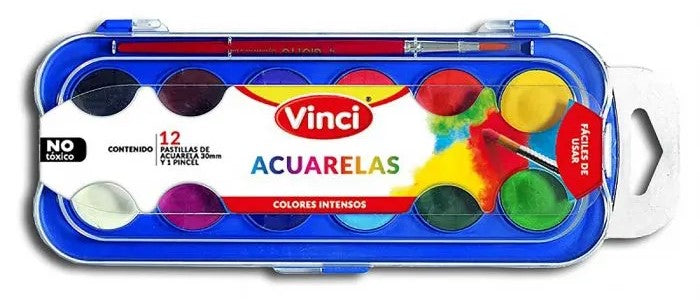 Acuarelas en Plástico Estuche c/Pincel Colores c/12 30mm Vinci® 67885 Estuche 7501014600277 01