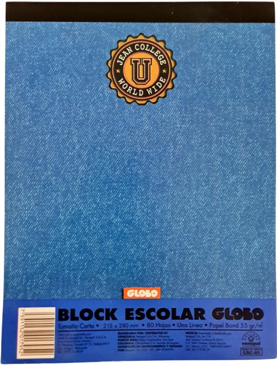 Block Carta Escolar Globo Jean College WW 80 hojas Raya Venepal® Pieza 7591152017952 01