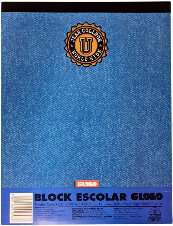 Block Carta Escolar Globo Jean College WW 80 hojas Cuadro 7mm Venepal® Pieza 7591152017976 01