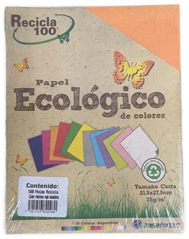 Papel Bond Color Recicla 100 c/100 Rojo B. Intenso Carta Irasa® 20265 Cien hojas 7501249820280 01