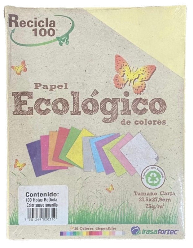 Papel Bond Color Recicla 100 c/100 Amarillo Suave Carta Irasa® 2031 Cien hojas 7501249820310 01