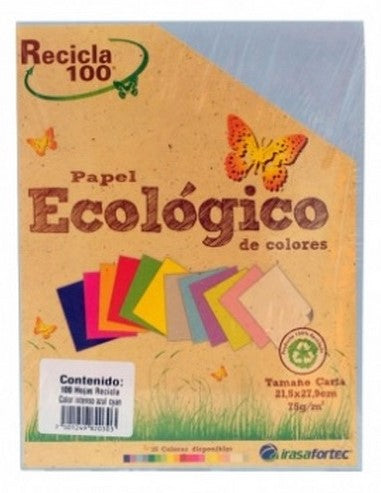 Papel Bond Color Recicla 100 c/100 Azul Cyan Suave Carta Irasa® 20332 Cien hojas 7501249820334 01