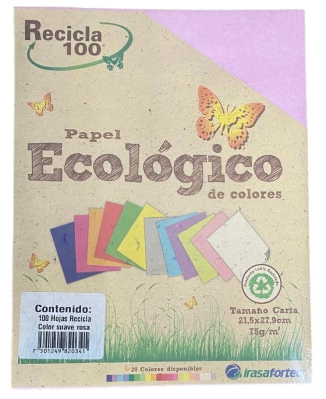 Papel Bond Color Recicla 100 c/100 Rosa Suave Carta Irasa® 20343 Cien hojas 7501249820341 01