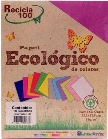 Papel Bond Color Recicla 100 c/100 Lila Suave Carta Irasa® 20355 Cien hojas 7501249820358 01