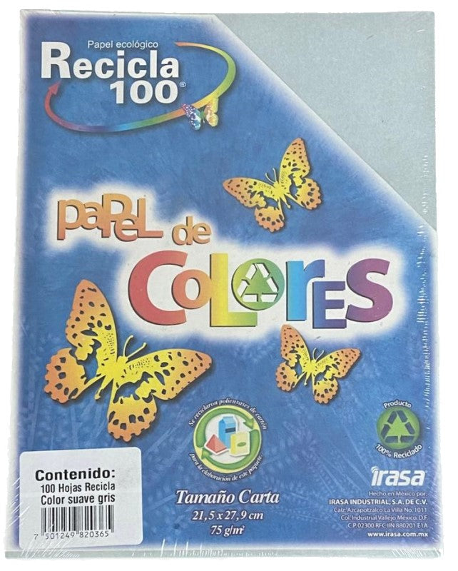 Papel Bond Color Recicla 100 c/100 Gris Suave Carta Irasa® 20356 Cien hojas 7501249820365 01