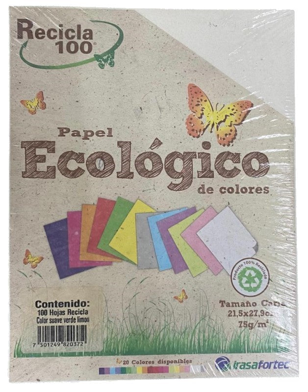 Papel Bond Color Recicla 100 c/100 Verde Limón Sua Carta Irasa® HC-2037 Cien hojas 7501249820372 01