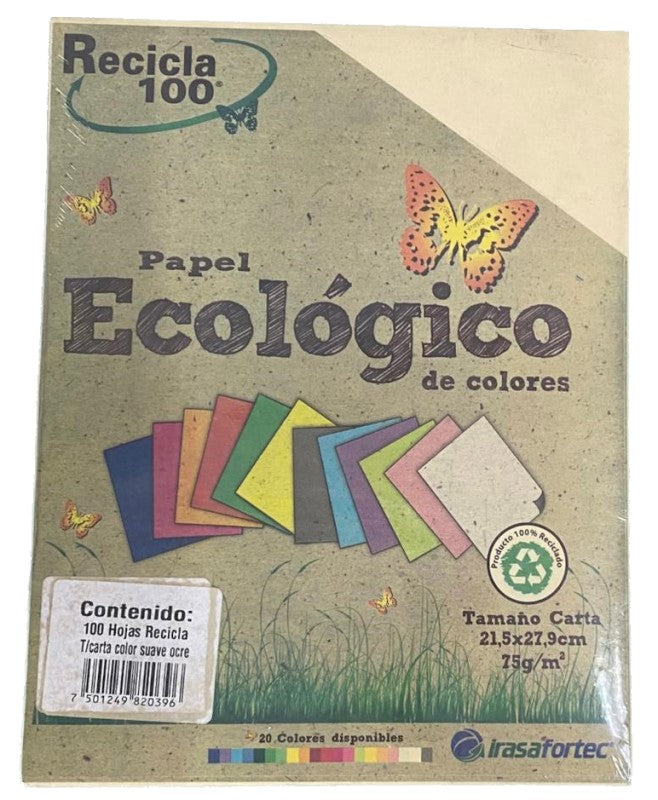 Papel Bond Color Recicla 100 c/100 Ocre Suave Carta Irasa® 20391 Cien hojas 7501249820396 01