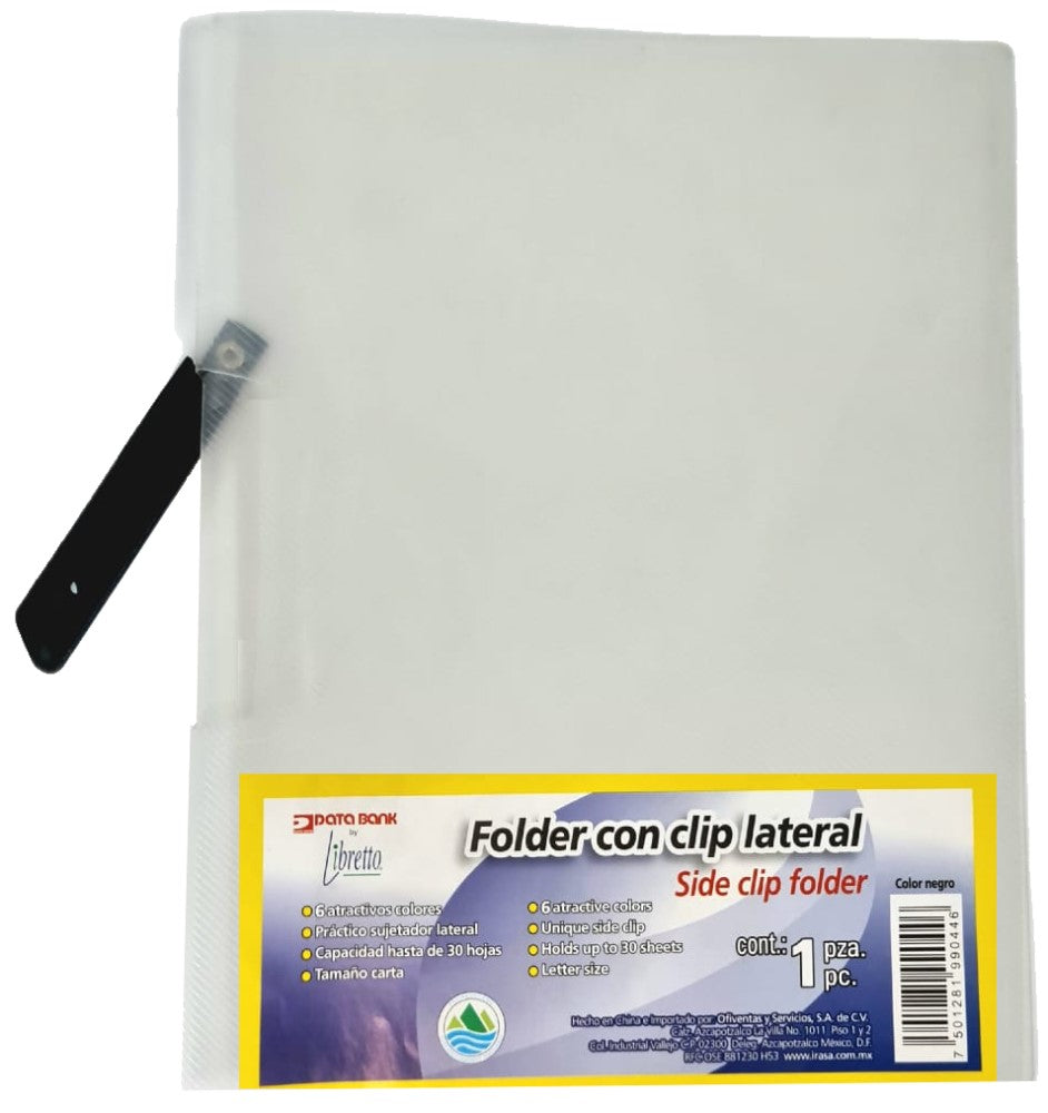 Fólder Plástico c/Clip Clip Lateral Libreto Transparente Carta Irasa® LB-9056 Pieza 7501281990446