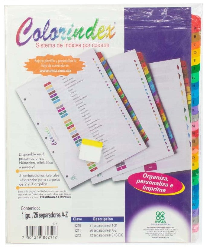 Separador Hojas p/Carpeta c/Índice Alfabético A-Z c/26 Blanco colorTap Carta Irasa® IN6211 [Bolsa de plástico] 7501249862112 2