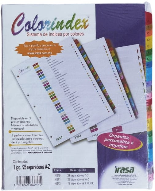 Separador Hojas p/Carpeta Coloríndex Alfabético A-Z c/26 Blanco colorTap Carta Irasa® IN-6211 [Bolsa de plástico] 7501249862112 3