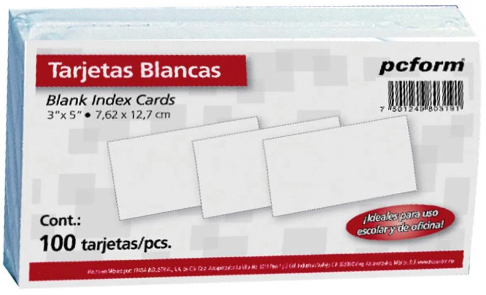 Tarjeta Índice Blanca pcform® c/100 Blanco 3×5" Irasa® 0319 [Paquete] 7501249803191