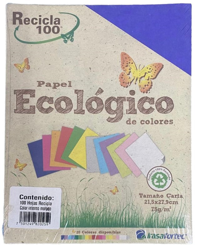 Papel Bond Color Recicla 100 c/100 Morado Intenso Carta Irasa® 20252 Cien hojas 7501249820259 01
