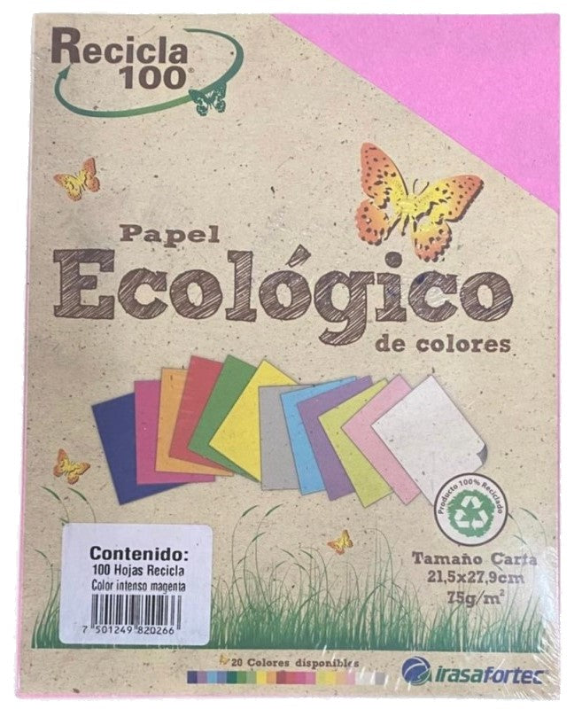 Papel Bond Color Recicla 100 c/100 Magenta Intenso Carta Irasa® 20253 Cien hojas 7501249820266 01