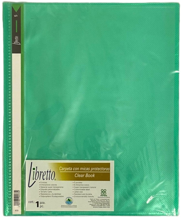 Carpeta PlásticaMultimica Libretto 5/Protectores Verde Carta Irasa® LB-9233 Pieza 7501281992334 01