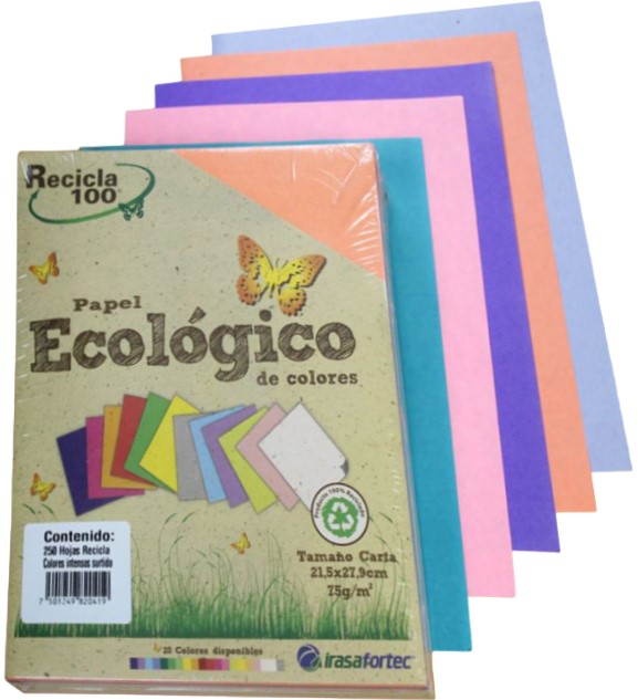 Papel Bond Color Recicla 100 c/250 Colores Intenso Carta Irasa® 2041 Paquete 7501249820419 01