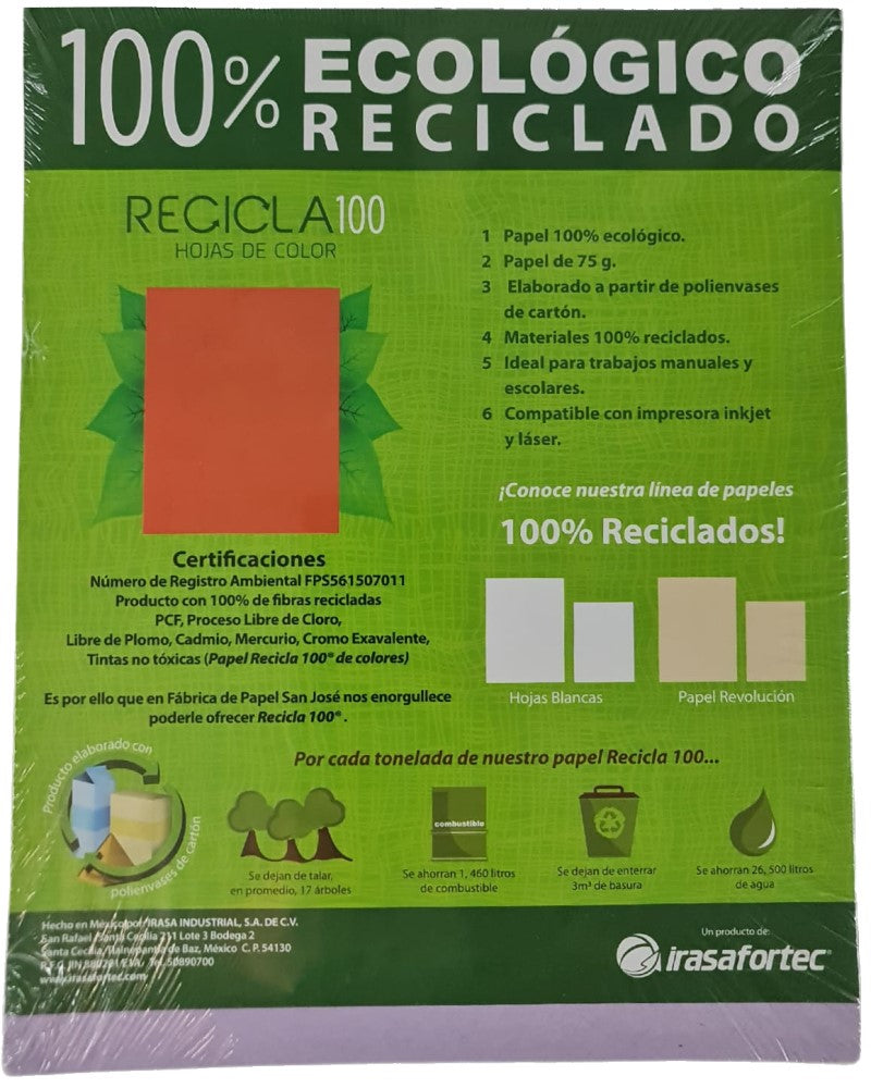 Papel Bond Color Recicla 100 c/250 Colores Intenso Carta Irasa® 2041 Paquete 7501249820419 03