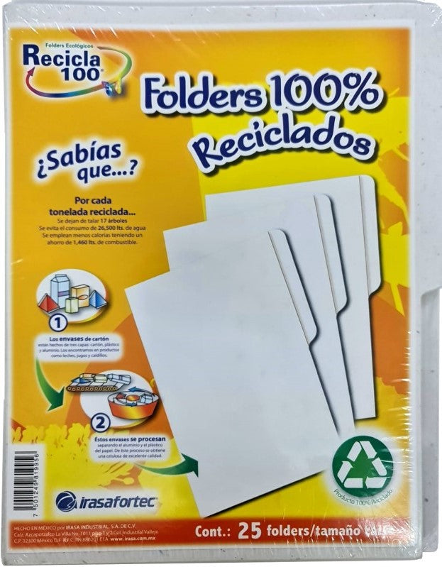 Fólder Recicla 100 c/25 Blanco Natural Carta Irasa® FR-1995 [Paquete] 7501249819956