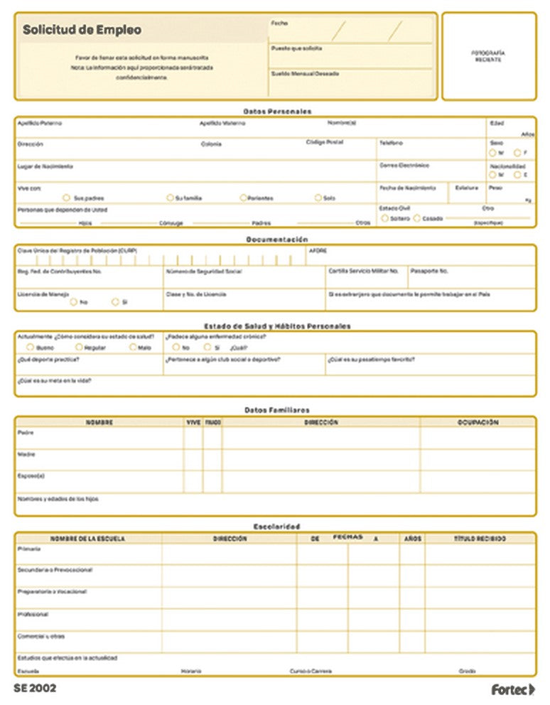 Block Solicitud de Empleo Paquete 2 Blocks 25 hojas x bloc Carta Fortec® SE-2002 [Paquete] 7502278540620 2