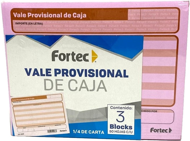 Block Vale Provisional de Caja c/3 50 hojas ¼ Carta Fortec® VD-2051 Paquete 7502278540637