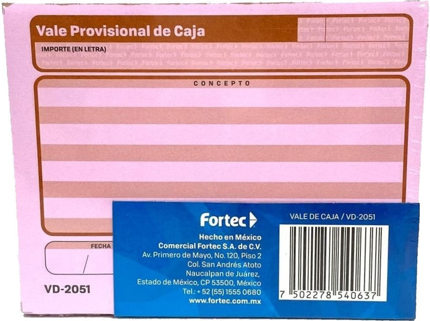 Block Vale Provisional de Caja c/3 50 hojas ¼ Carta Fortec® VD-2051 [Paquete] 7502278540637 2